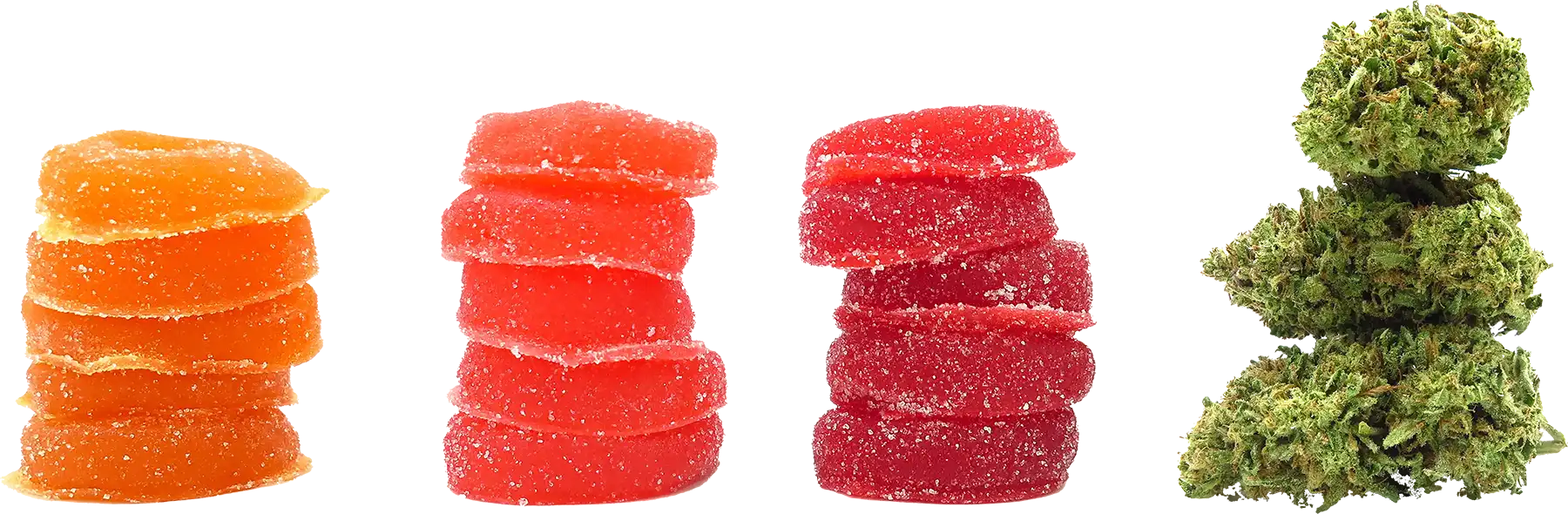 Stacks of cannabis edible gummies next to a stack of cannabis flower